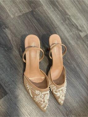 Zara Tan Embroidered Pointed-Toe Slingback Heels